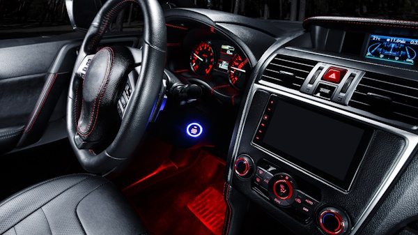 black car interior with red lighting