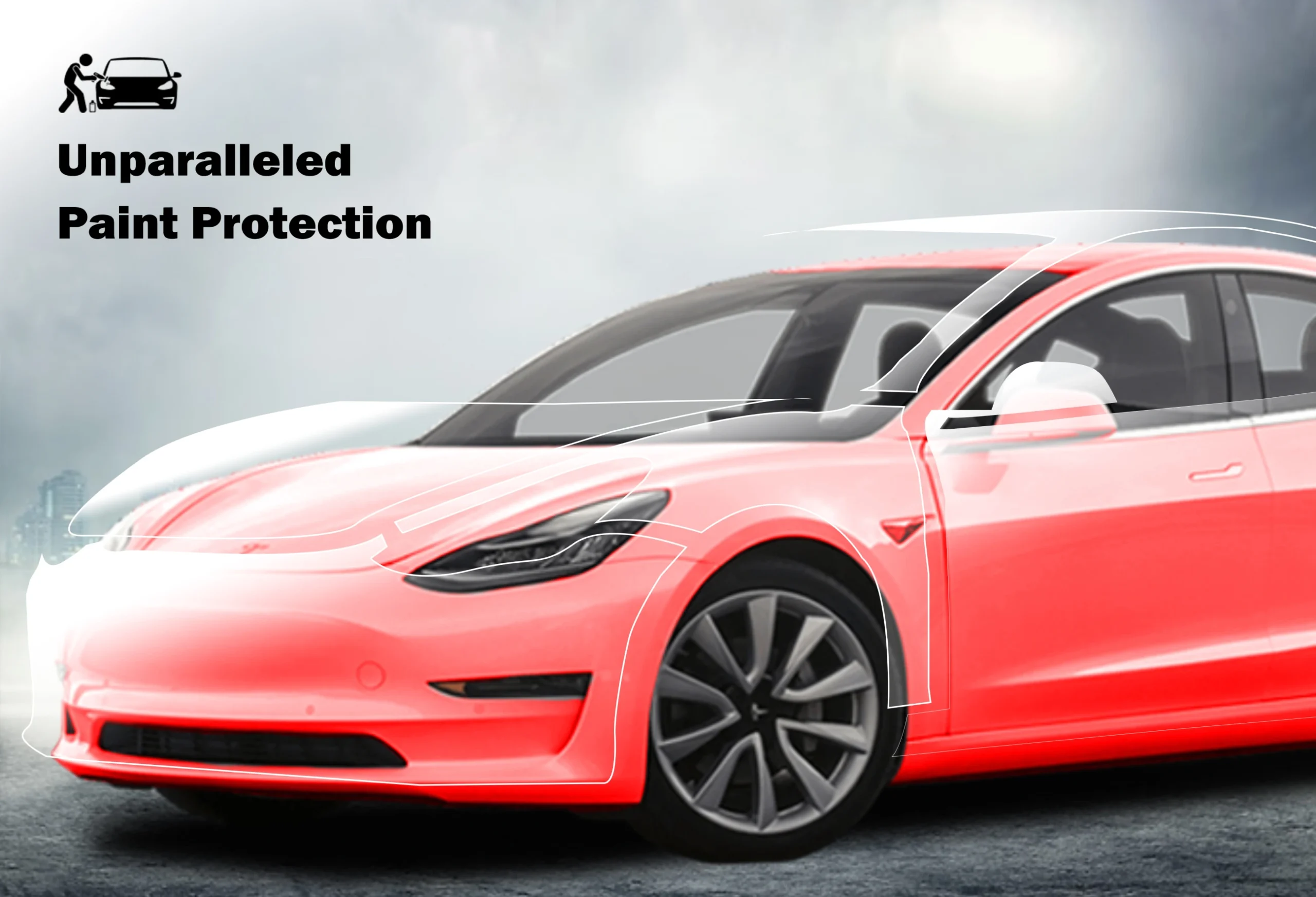Red Tesla Model 3 with outlined protective layers, symbolizing comprehensive paint protection.