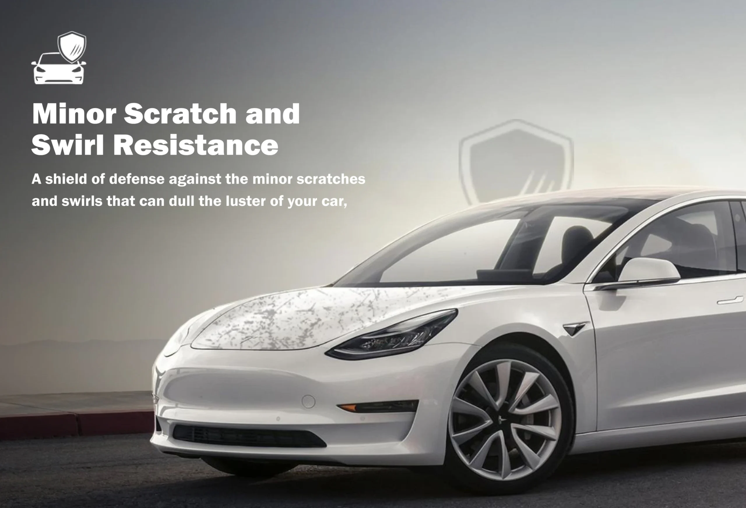 White Tesla Model 3 showing a faint visual overlay of scratch protection across the paint surface.