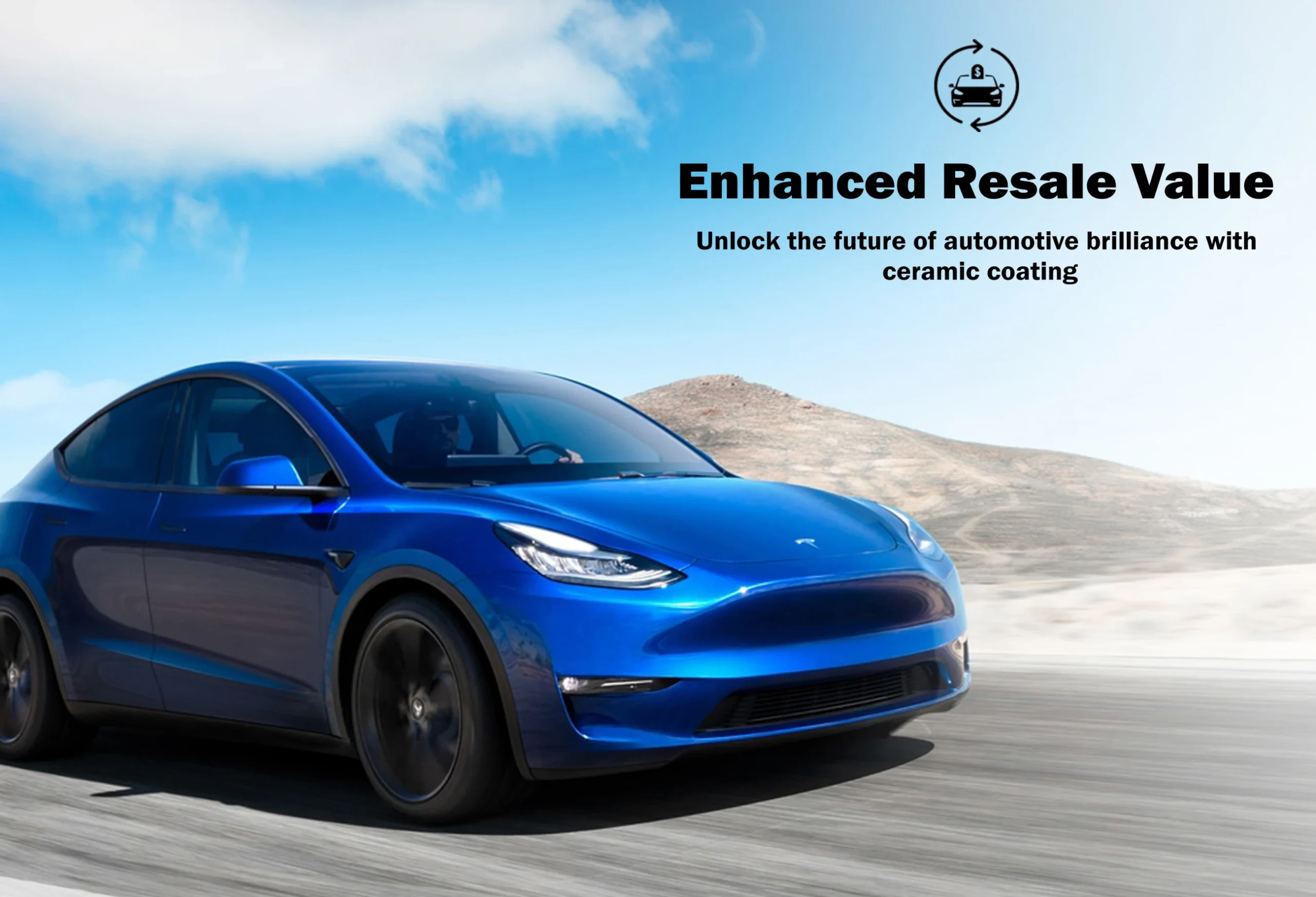 Blue Tesla Model Y driving on a desert road with text highlighting enhanced resale value from ceramic coating.