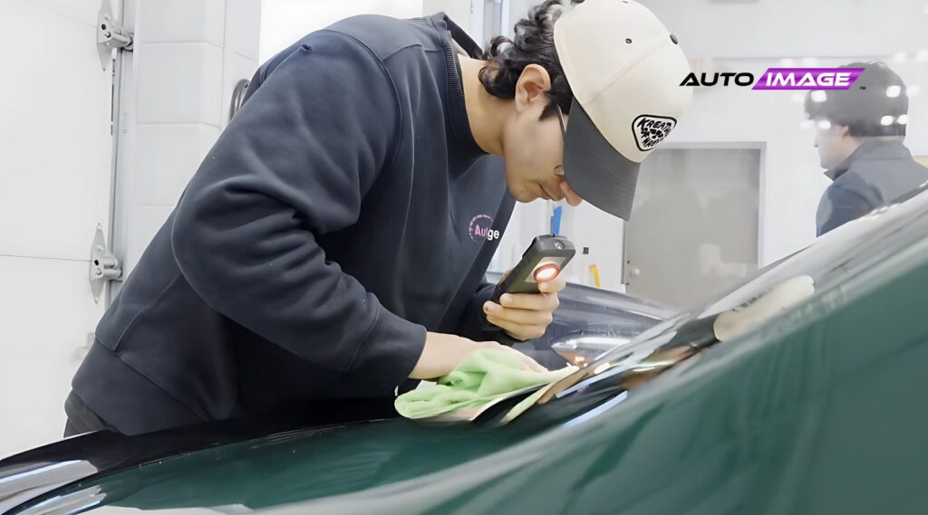A car detailing specialist closely inspects a vehicle’s paint under bright light while polishing with a microfiber cloth, emphasizing attention to detail and paint correction.