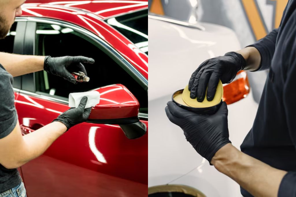 Side-by-side comparison of car protection methods: on the left, a person wearing black gloves applies ceramic coating to a red side mirror using a dropper and applicator pad; on the right, another person prepares to apply traditional car wax to a white vehicle using a yellow foam applicator.