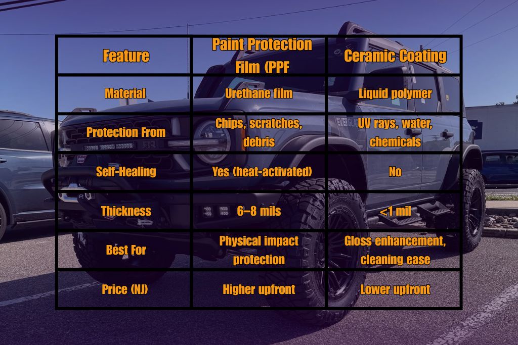 Side-by-side comparison chart of Paint Protection Film (PPF) vs. Ceramic Coating displayed over a rugged black Ford Bronco. The table outlines key differences in material (urethane film vs. liquid polymer), protection type, self-healing ability, thickness, best uses, and cost, highlighting that PPF offers impact protection and self-healing, while ceramic coating focuses on gloss and chemical resistance.