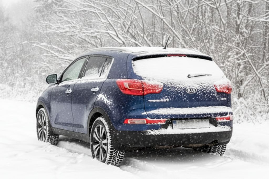 Snow-covered blue SUV parked on a snow-blanketed road surrounded by frosty trees, with snow visibly built up on the rear windshield, taillights, and tires, emphasizing the harsh winter driving conditions.