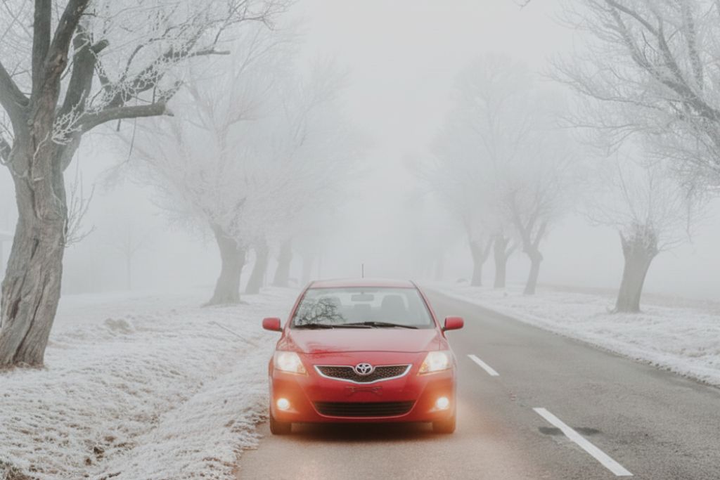 Red car with headlights on driving down a frosty, tree-lined road on a foggy winter day, surrounded by snow-covered ground and bare trees.