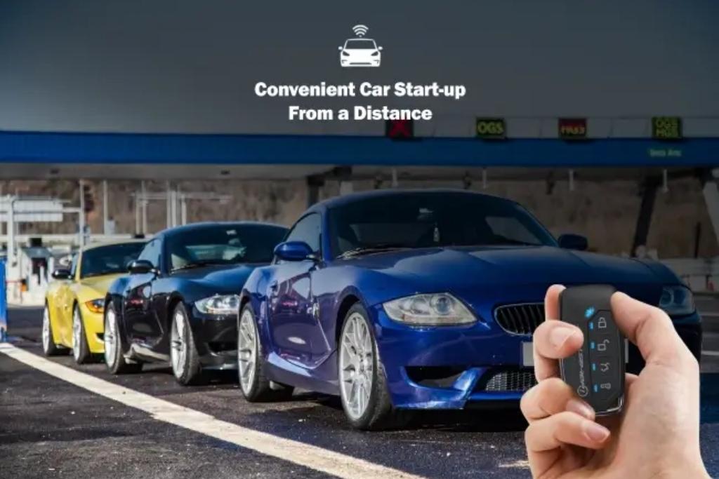 A person holding a car remote while several sports cars are lined up in front, with text above them that reads “Convenient Car Start-up From a Distance.”