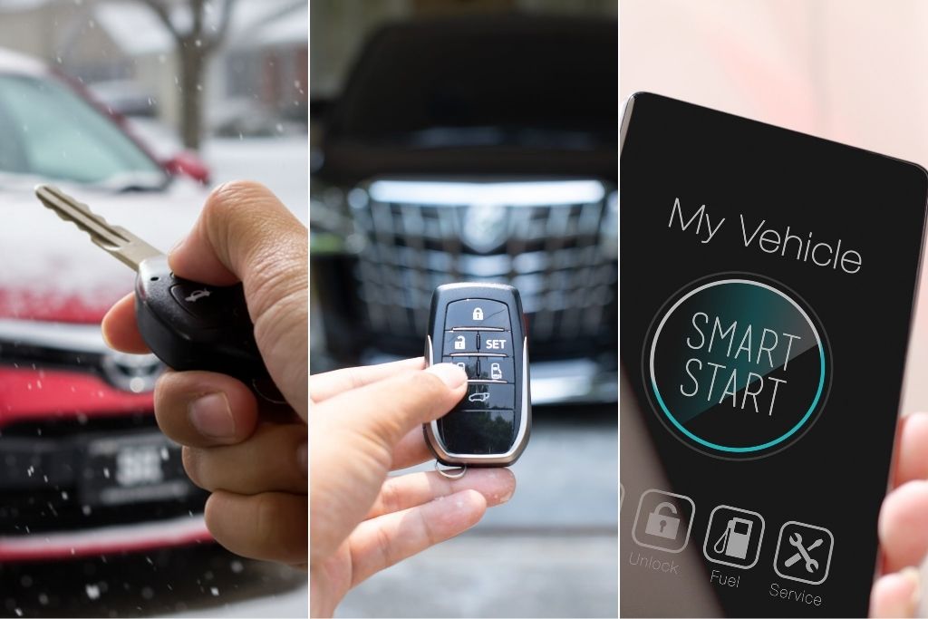 Side-by-side comparison of three remote start system types: a hand holding a basic key fob for 1-way remote start, a hand using a 2-way remote with feedback icons, and a smartphone screen displaying a smart start interface, illustrating the differences between 1-way, 2-way, and smartphone remote start systems.