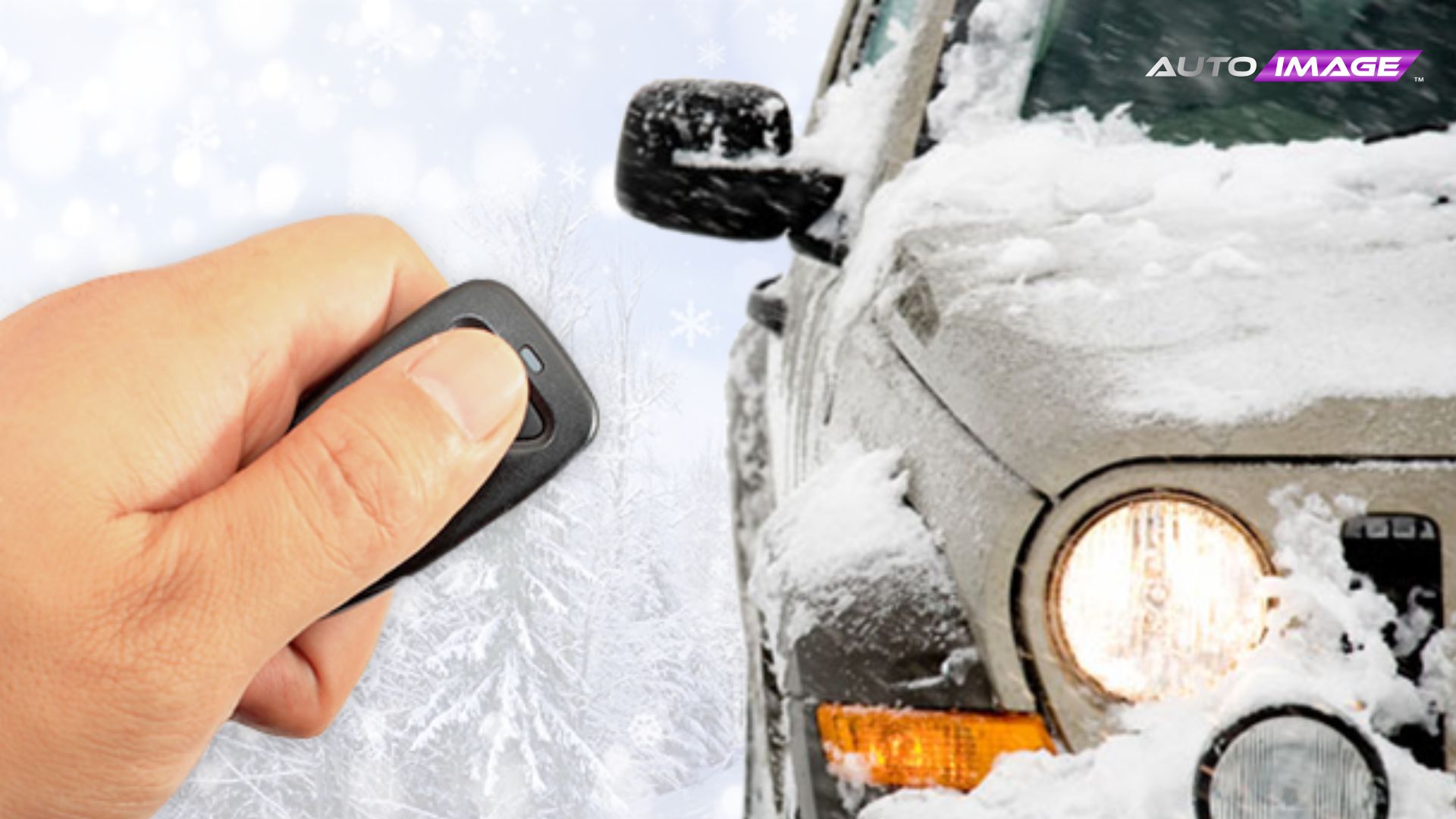 Hand holding a remote start fob near an SUV partially covered in snow with its headlights on.