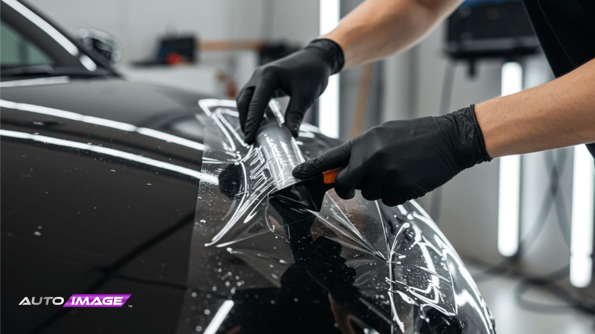 Installer using a squeegee to apply paint protection film to the hood of a black car, wearing black gloves in a clean workshop.