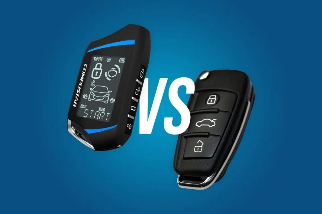 Side-by-side comparison of a Compustar aftermarket remote with LCD screen and a standard OEM key fob, highlighting differences between OEM vs aftermarket remote start options.