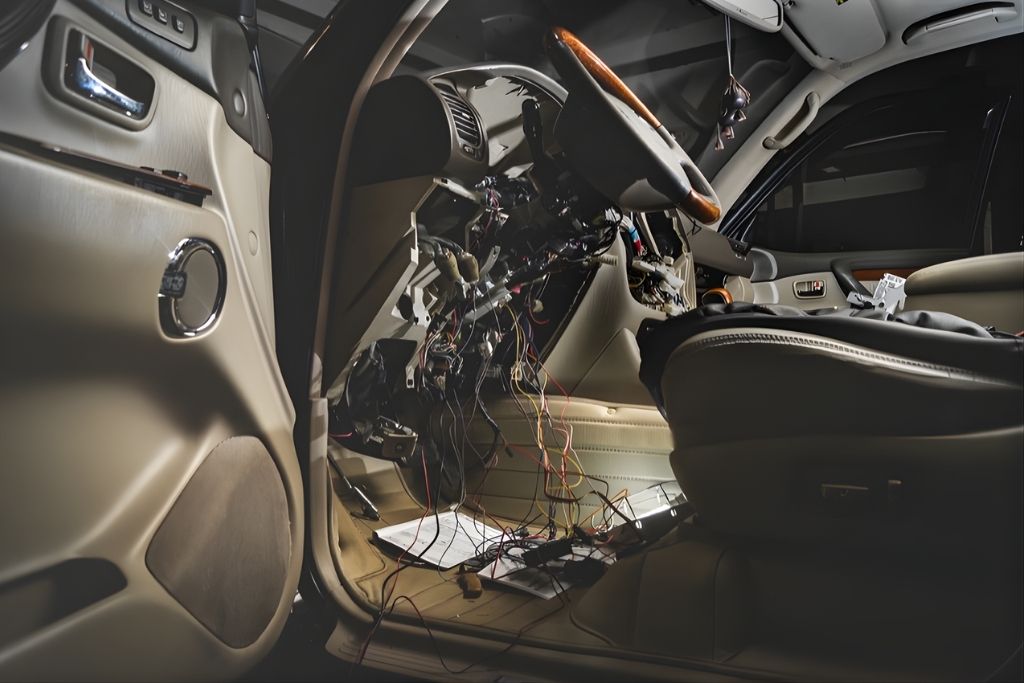 Interior of a car with the dashboard and steering column disassembled, exposing wires and electrical components during a complex remote start system installation. This image visually represents the behind-the-scenes labor and parts that contribute to the final remote start bill, as discussed by Auto Image.